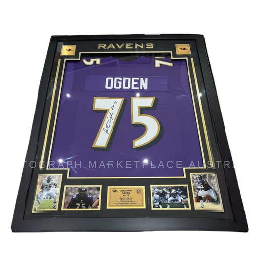 Framed Jonathan Ogden signed Baltimore Ravens NFL football jersey