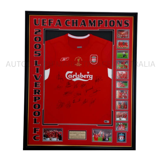 LIVERPOOL FC UEFA CHAMPIONS LEAGUE WINNERS 2005 SIGNED FRAMED JERSEY