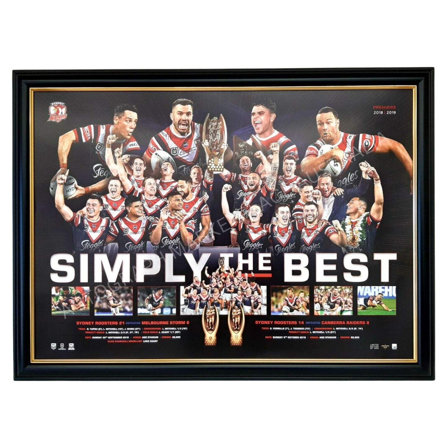 Sydney Roosters 2019 NRL PREMIERS Simply The Best Framed Limited Edition COA